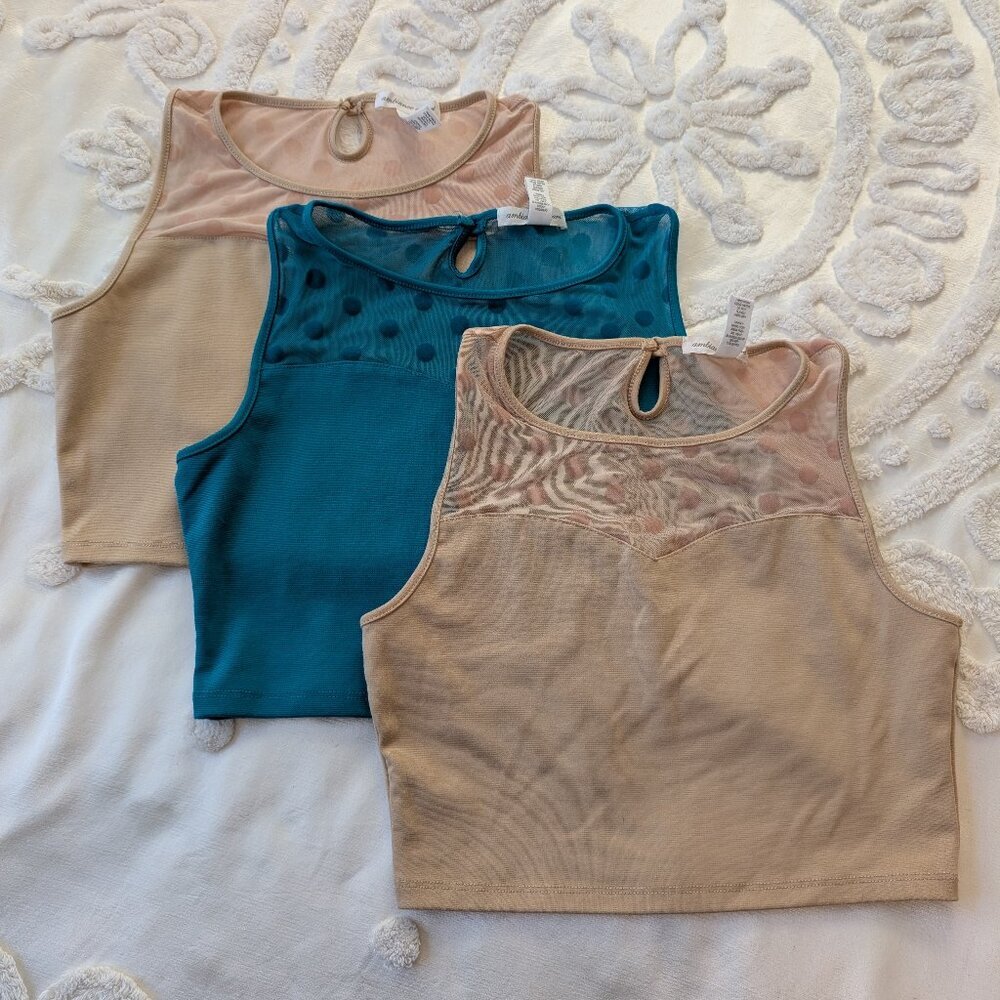 Lot of 3 Ambiance Apparel crop tops cream and teal EUC